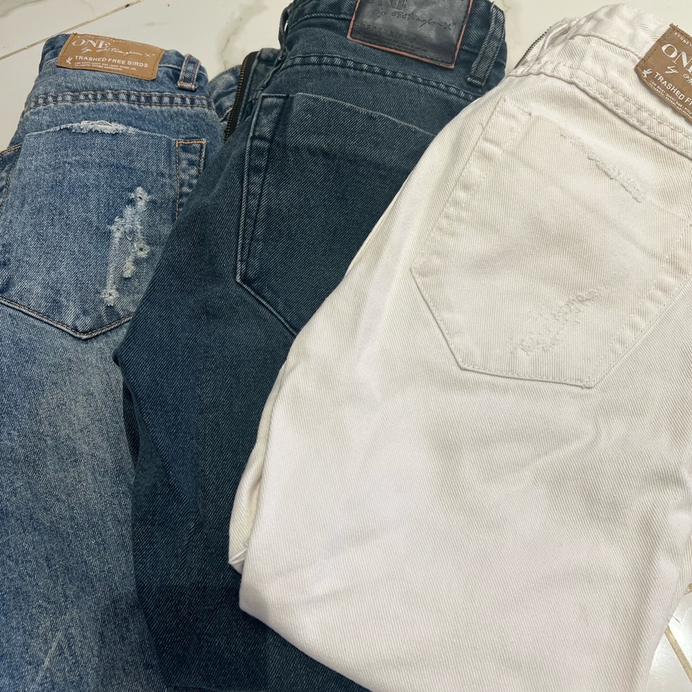 One Teaspoon Cropped Jeans - Light Blue, Dark Blue, and White - 3 pairs